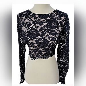 Aidan Mattox Black Lace Lined Crop Top With Long Unlined Lace Sleeves Size 10